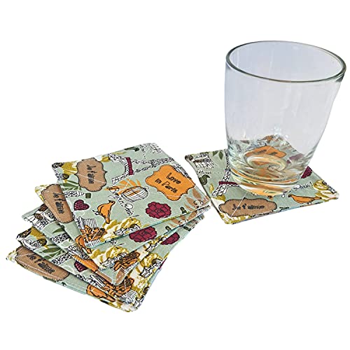 CUSHYSTORE Canvas Floral 2 Layers Coasters Saucers Absorbant Mat Pad Floral Botanical Style Fabric Quilted for Glass Cup Drinking 4", 6 Pack (Green City Park) - color: Green City Park