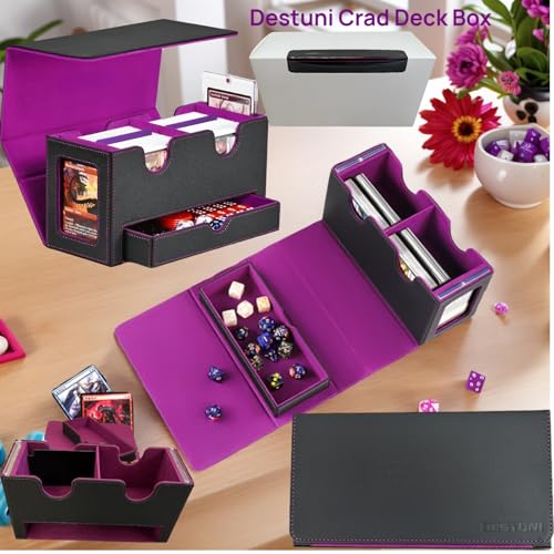 Card Deck Box for mtg – Fits 100+ Double-Sleeved Cards, Dual Commander Display with Dice Tray, PU Leather Organizer for TCG, CCG, Sports Cards (Black&Purple) - color: Black&Purple