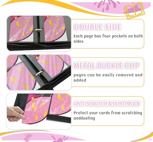 Trading Card Binder 4 Pocket,Card Binder 400 Pockets,Card Book Holder Cards with 50 Removable Sleeves,3-Ring Zip Design MTG/TCG/Sport Collectible Trading Card Albums Gifts for Boys and Girls (Pink) - color: Pink, size: Small