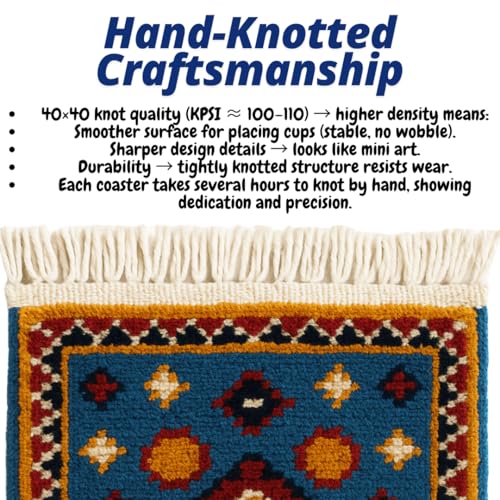 2 Pcs Rug Coasters for Drinks, Handmade Natural Vegetable Dyed Wool, Woven by Local Artisans – Oriental 5.5 inches Rug Style Tea and Coffee Cup Mats, Home Decor