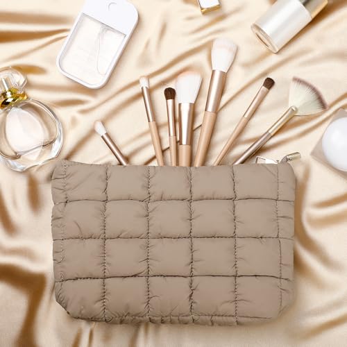 Hillban Light Tan Puffy Quilted Makeup Bag Cute Cosmetic Bag Gift, Classic - color: Light Tan, size: Classic