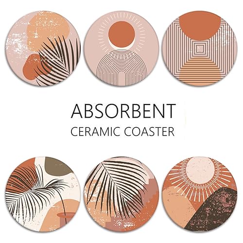 Coasters for Drinks, Set of 6, Ceramic Stone Boho Terracotta Burnt - color: Boho Abstract