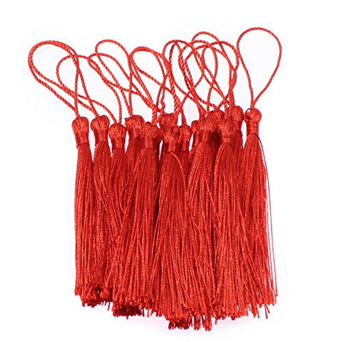 VAPKER 100 Pieces Red Tassels 13cm/5-Inch Silky Handmade Soft Tassels Floss Bookmark Tassels with 2-Inch Cord Loop for Jewelry Making, DIY Projects, Bookmarks - color: C:red