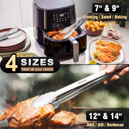 EDDEAS Tongs For Cooking - Heat Resistant 600 Degrees Metal Kitchen Tongs, Heavy Duty Stainless Steel Tongs - Perfect for Food, BBQ Set of 4, 7-9-12 &14 inch Grey - color: Grey 4Pcs, size: 7+9+12+14 inch