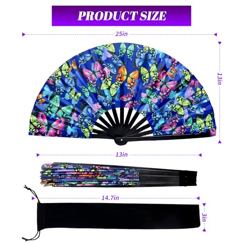 13 Inch Large Rave Fan & Clack Fan for Line Dancing - Folding Hand Fan with UV Glow for Boots on The Ground, Performance, Wedding, Party - Portable Handheld Fan for Women & Men - color: Butterfly*1