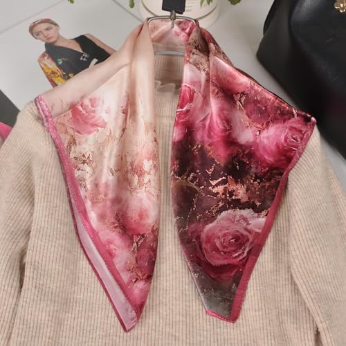 Women 100% Mulberry Silk Neck Scarf 21" Square Floral Neckerchief - color: Pink Roses