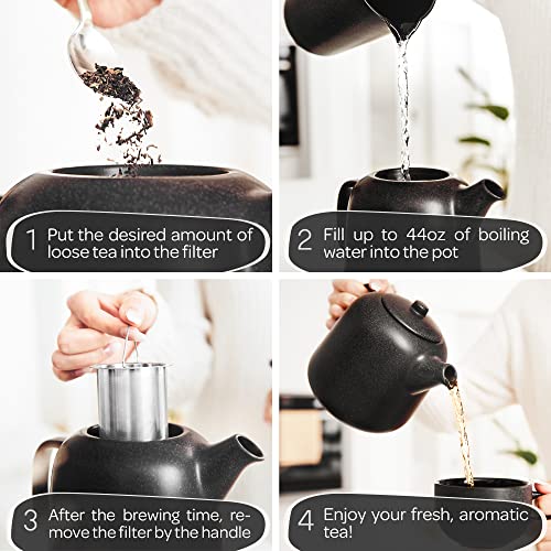 Steinzeit Design Tea Pot with Warmer (44 oz) - Premium Ceramic Teapot with Infuser for Loose Tea - Black Teapot Ceramic with Removable Steamer - size: 44 oz with warmer