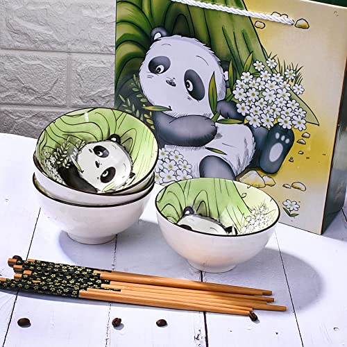 Ceramic Rice Bowl with Chopsticks Set of 4, 4.5" Cute Panda Small Bowls - color: PDS