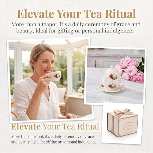 Tea for One with Tassel, 16 OZ Ceramic Teapot Set, Floral Tea Pot with Cup and Saucer, Single Serving Tea Set for Women, Mother's Day, Thanksgiving, Valentine's Day, Wedding, Home Decor