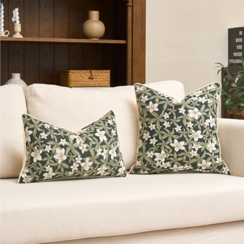 Aeckself Neutral Floral Pillow Cover 18 x 18 Inch, Vintage Chenille Square Throw Pillow Cover Soft Home Decorative Farmhouse Accent Couch Pillow Cover for Living Room Bedroom, Green - color: Green, size: 18" x 18" (Pack of 1)