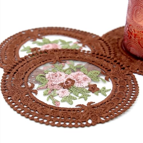 FITNXT 4.5'' 8pk Vintage Lace Coffee Coasters, Round Embroidery Cloth Coasters for Drinks, Small Crochet doilies for Crafts, Cups, Table Decoration (Coffee) - color: Coffee