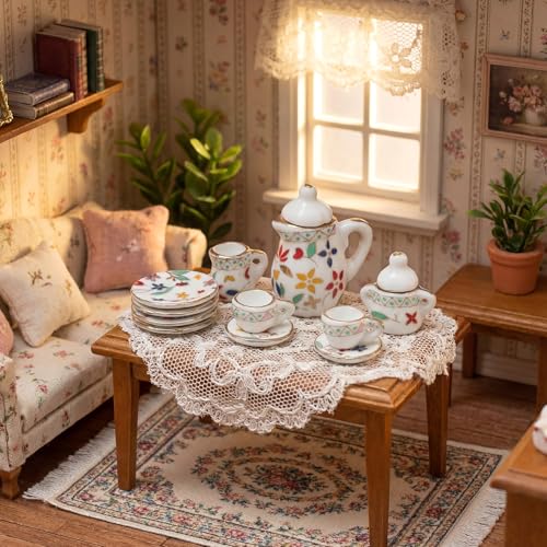 Sumind 15 Pieces Miniature Porcelain Tea Cup Set Kitchen Miniature Porcelain Set Mini Flower Pattern Teapot Cup Plates Kitchen Accessories(Gold Leaf Style) - style: Gold Leaf Style