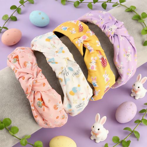 KICOSY 4PCS Easter Knotted Headbands - Bunny & Egg Print Hair Hoops for Daily Styling, Easter Party, Photo Shoot & Gift Giving