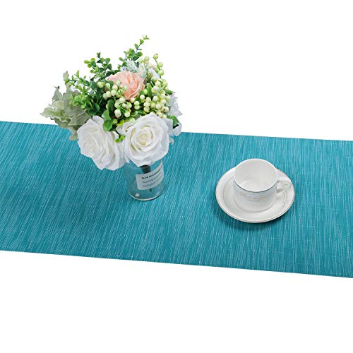 SHACOS Woven Vinyl Table Runner Indoor Outdoor 12x54 inch Kitchen Dining Table Runners Wipe Clean Washable PVC Table Runner, Teal Blue - color: Teal Blue, size: Table Runner 12 x 54 inch