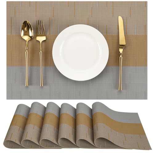 Placemats Set of 6, Vinyl Woven Heat-Resistant Place Mats - color: Gray Light Brown, size: Set of 6