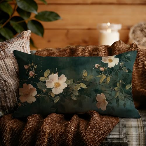Vintage Dark Green Floral Pillow Covers 12x20 Double-Sided,Rustic Farmhouse Spring Summer Wildflower Flower Botanical Decorative Throw Pillow Covers for Home Bedroom Living Room - color: Floral-14, size: 20" x 12" (Pack of 1)