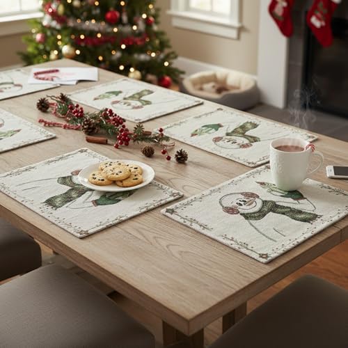 DaDa Bedding Magical Snowman Placemats - Set of 4 Festive Holiday White Tapestry - Cotton Linen Woven Dining Table Mats - 13” x 19” (9733) - color: Snowman