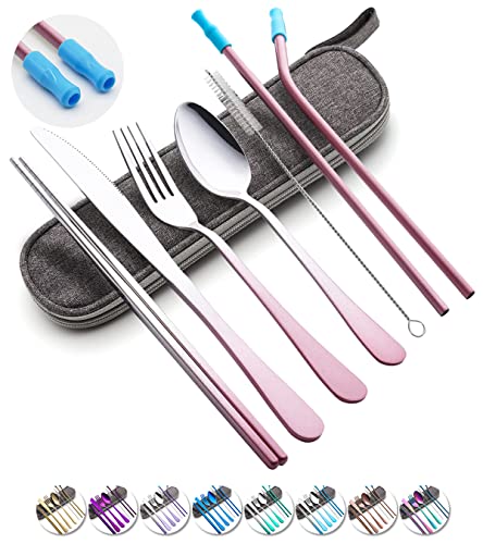 Travel Utensils Set with Case Reusable Portable Cutlery Set Stainless Steel 8pcs Including Dinner Knife Fork Spoon Chopsticks straws(Gradient Pink) - color: Gradient Pink