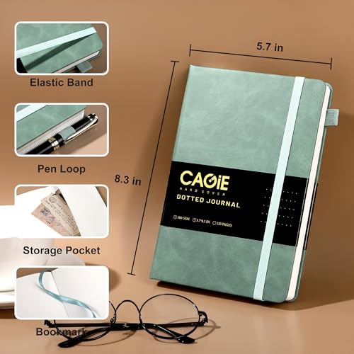 CAGIE Bullet Dotted Journal Notebook 320 Pages 100 GSM Paper Hardcover A5 Dot Grid Notebook Leather Journals for Writing Women Men Work Journaling, Green - color: Green, style: Dotted A5