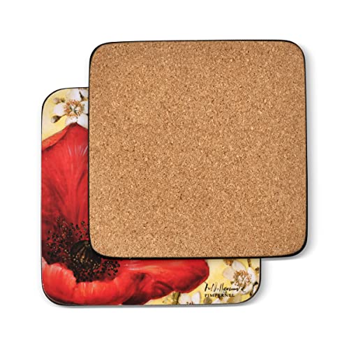 Pimpernel Red Poppy Blossoms Coasters, Set of 4 (4" x 4") – Cork-Backed Board with Bright Floral Artwork, Heat & Stain Resistant Drink Mats for Dining, Coffee Tables & Home Decoration - size: 4" x 4" Square, style: Poppy de Villeneuve
