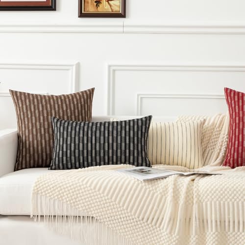 Kevin Textile Pillow Covers, Rectangle Throw Pillow Covers Set of 2, Boho Woven Texture Linen Striped Decorative Burlap Pillow Cases for Couch Bedroom Living Room, 12x20 inch, Cream White - color: A-beige, size: 20" x 12" (Pack of 2)
