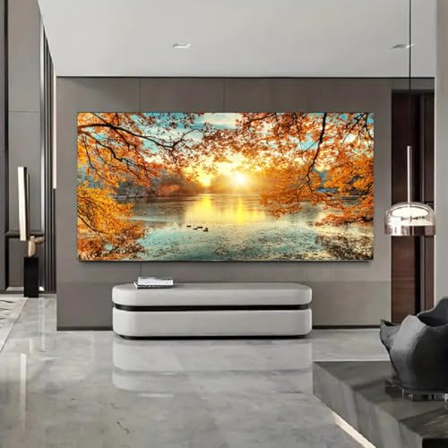 Yxbhhym-Landscape Tree Canvas Wall Art Fall Forest Sunset Wall Decor Poster Lake Water Pictures for bedroom wall decor Natural Scenery Paintings Artwork Large Living Room Decor Home Office Decoration - color: Bblanndscape, size: 48"L x 24"W