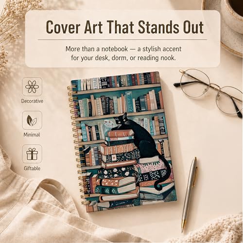 Black Cat Library Bookshelf Spiral Notebook, Black Cat Lover Gifts Journal, Book Lover Bookish Bookworm Librarian Gifts Hardcover Lined Notebook Journal, 5.5x8.3 Inch - color: pattern-7