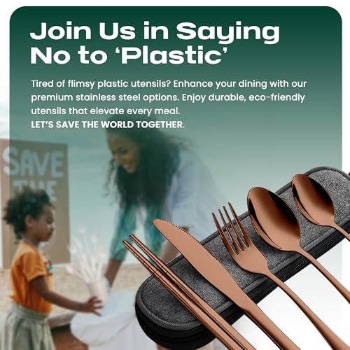 Travel Utensils With Case, 5 Pcs portable silverware set (Rose Gold) - color: Rose Gold, size: 5 Pieces