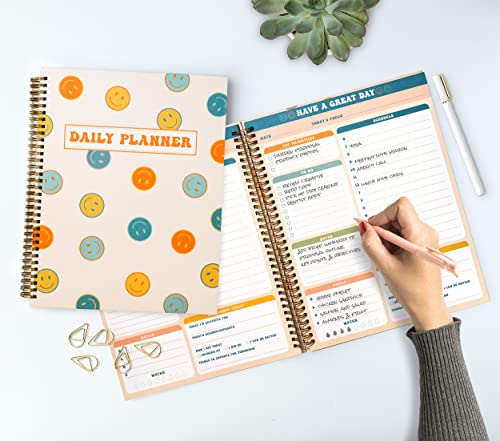 Undated Daily Planner Notebook 8.5x11, To Do List Notebook, Habit Tracker Journal, A4 Large Hardcover Spiral Schedule Notebook Planner, Retro Aesthetic Daily Planner Undated for Students Girls Teens - color: Happy Face