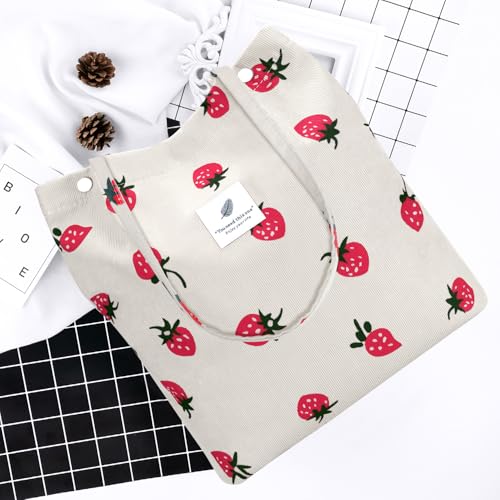 Ayieyill Corduroy Tote Bag for Women Canvas Shoulder Cord Purse with Inner Pocket - color: Beige Strawberry