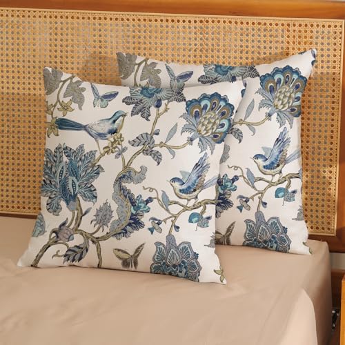 Chinoiserie Pillow Covers 18x18 Pack of 2 Blue Birds Floral Throw Pillow Covers Outdoor Decoration,Vintage Flower Pillowcase Farmhouse Decorative Linen Cushion Case for Home Couch Sofa - color: Blue Floral Birds, size: 18" x 18" (Pack of 2)