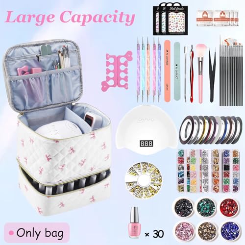 PU Leather Nail Polish Organizer and Nail Lamp Case, Nail Kit Organizer Holds 30+ Bottles (15ml - 0.5 fl.oz) and a Nail Lamp, Nail Polish Carrying Case with Manicure Tools Storage Sections (Pink Bow) - color: Pink Bow