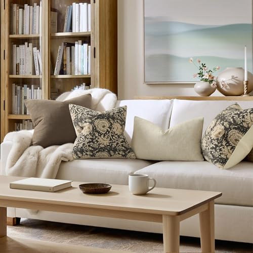 Vintage Floral Print Throw Pillow Covers 22x22 Set of 2 Neutral Modern Farmhouse Accent Decorative Cushion Covers Boho Home Decor for Couch Sofa Chair Bed Living Room, Black - color: Black, size: 22" x 22" (Pack of 2)