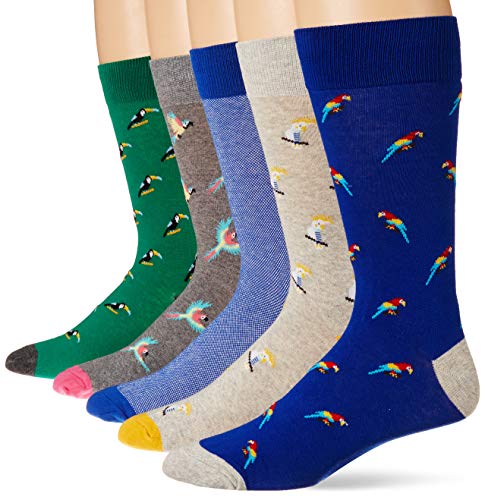 Amazon Essentials Men's Patterned Cotton Dress Crew Socks, 5 Pairs - color: Tropical Birds Pack, size: 8-12