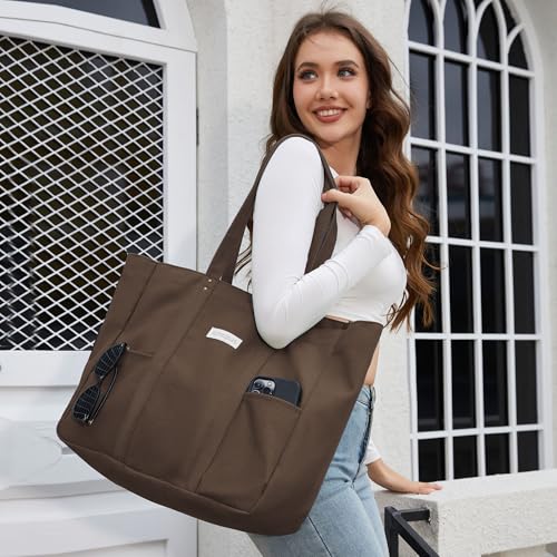 HOMESPON Large Canvas Tote Bag, Magnetic Work Laptop Pack for Women - color: Brown
