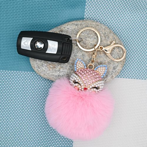 Faux Rabbit Fur Pom Pom Keychain with Fox Head - color: Pink2
