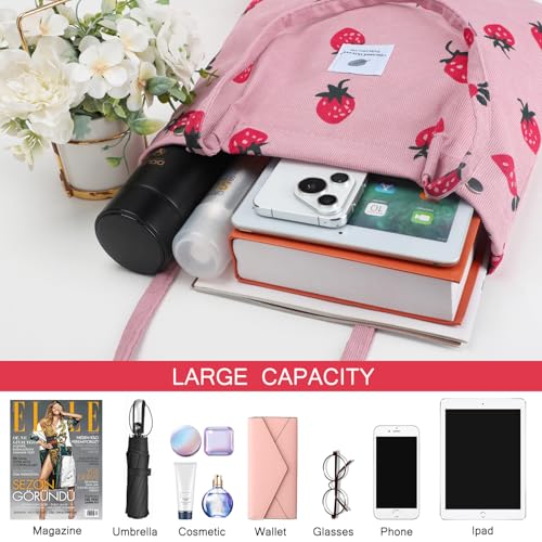 Ayieyill Corduroy Tote Bag for Women Canvas Shoulder Cord Purse with Inner Pocket - color: Pink Strawberry