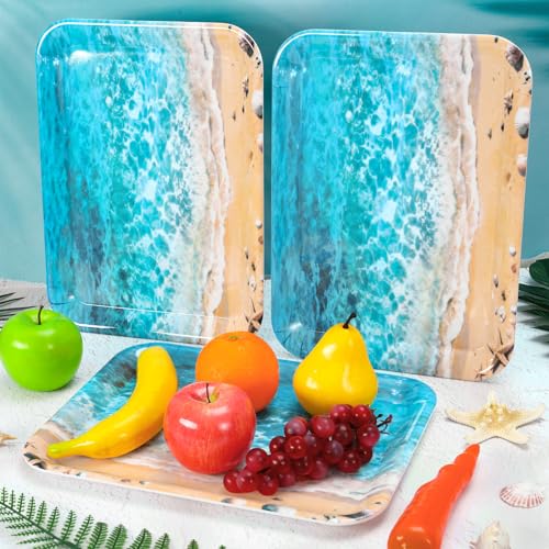 JarThenaAMCS 3Pcs Summer Beach Serving Trays Reusable Serving Dishes Ocean Wave Sand Seashell Starfish Platter for Outdoor Party Serving Food Snacks Fruits Dessert - style: Beach
