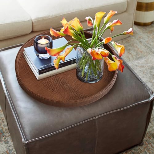 HofferRuffer Round Serving Tray 20'', Elegant Faux Leather Circle Ottoman Table Tray, Serve Tea Coffee Breakfast in Bedroom Living Room Kitchen (Brown) - color: Antique Brown, size: 20"