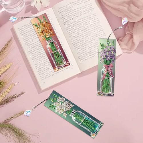 Tontut 3pcs Diamond Art Painting kit Bookmarks, vase Beautiful Universal DIY Bookmarks, Lightweight and Durable, Suitable for Reading Enthusiasts - color: vase