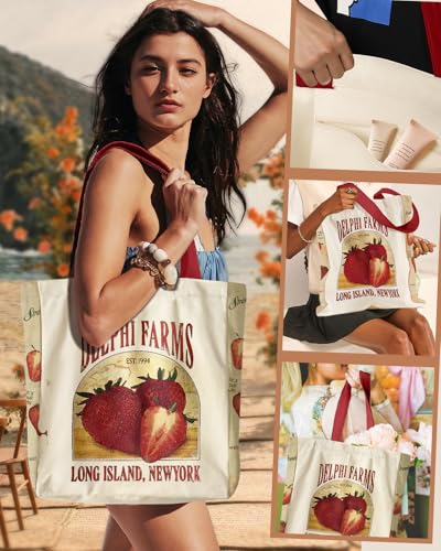 Miss Adola Aesthetic Heavy Canvas Tote Bag - with Pocket for Women Large Size 14''×16''×3.5'' Cloth Cotton Bags for Shopping - color: Strawberry Farms