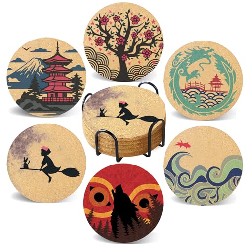 Coasters for Drinks with Holder Set of 6, Japanese Cork Coasters Absorbent Animation for Office Desk Cup Table Coaster Kitchen Decor Inspired House Warming Gifts for New Home Couples, Round 4" - color: Japanese