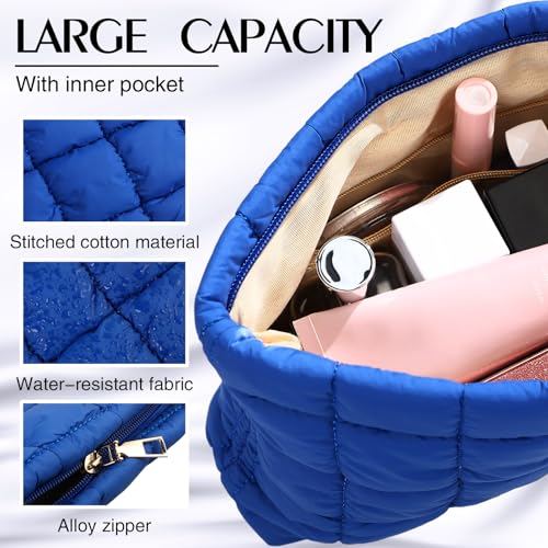 Hillban Blue Puffy Quilted Makeup Bag for Women Cosmetic Bag Gift, Classic - color: Blue, size: Classic