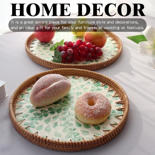 2 Pcs Rattan Mother of Pearl Inlay Serving Tray, Round Wicker Handwoven Coffee Table Boho Decor Tray Basket Tray for Fruit Food Kitchen Home Office Party Wedding (Leaf Spring)