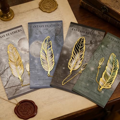 4Pcs Fantasy Feather Bookmarks for Books, Metal Bookmark with Chain, Unique Reading Accessories for Women Book Lovers, Teachers, Students - style: 4Pcs Feather