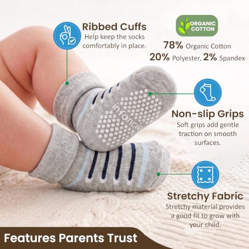 GOTS Organic Cotton Blend 12 infant socks with Grip 0-6 M Boy Non Slip Gift - color: Blue, size: 0-6 Months