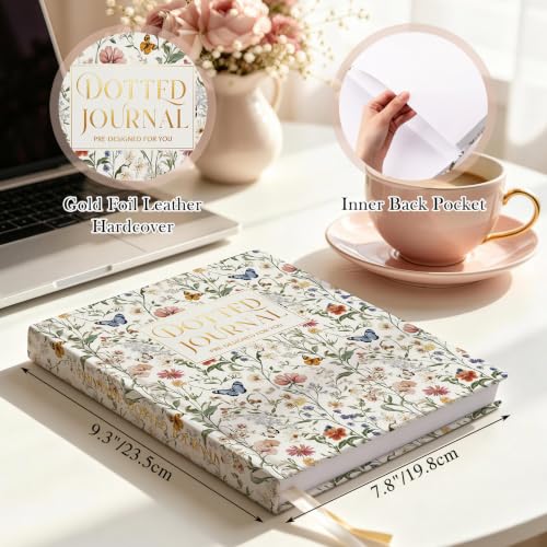 Everloria Premade Dotted Journal Notebook, 12 Months Pre-made Bullet Templates, 260 Hand-Drawn Coloring Pages, Undated Weekly & Monthly Planner, 7.8"x9.3" Leather Dot Grid Habit Mood Tracker - color: Floral A