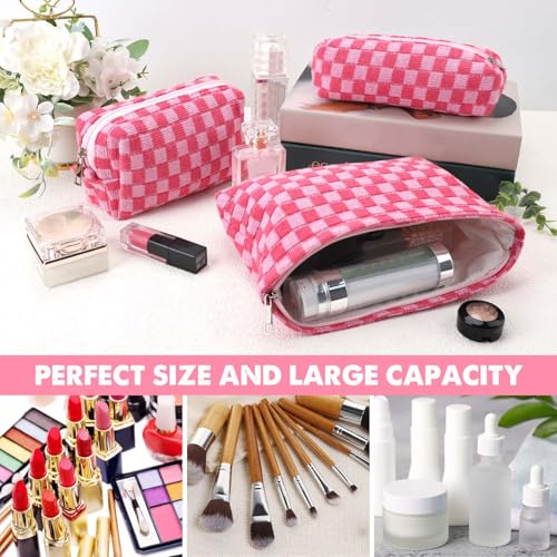 3 Pcs Makeup Bag Cosmetic Bag Set for Girls Women Checkered Travel Organizer Bathroom Toiletry Pouch Large Capacity Storage Bag (Rose-Red) - color: Rose-Red