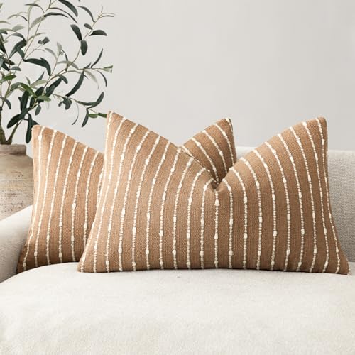 Foindtower Boho Striped Boucle Lumbar Throw Pillow Cover 12x20 Rust Tobacco - color: Tobacco, size: 20" x 12" (Pack of 2)