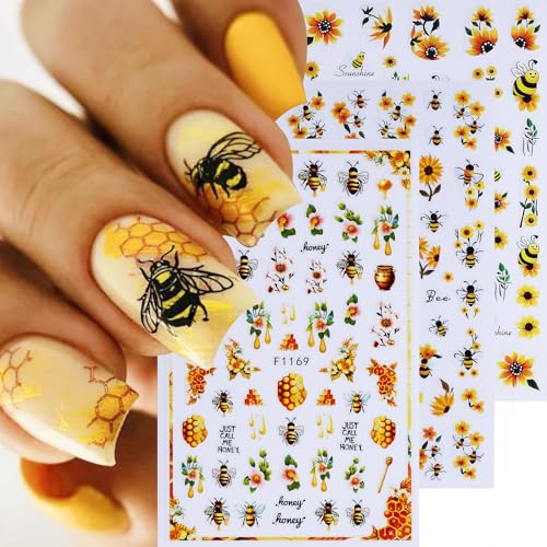 Summer Nail Stickers for Nail Art 12PCS Flower Nail Decals Self-Adhesive Butterfly Bee Ladybug Flamingo Floral Leaf Plant 3D Nails Supply DIY Sliders Manicure Decoration Accessories for Women - style: Summer Bee Flower
